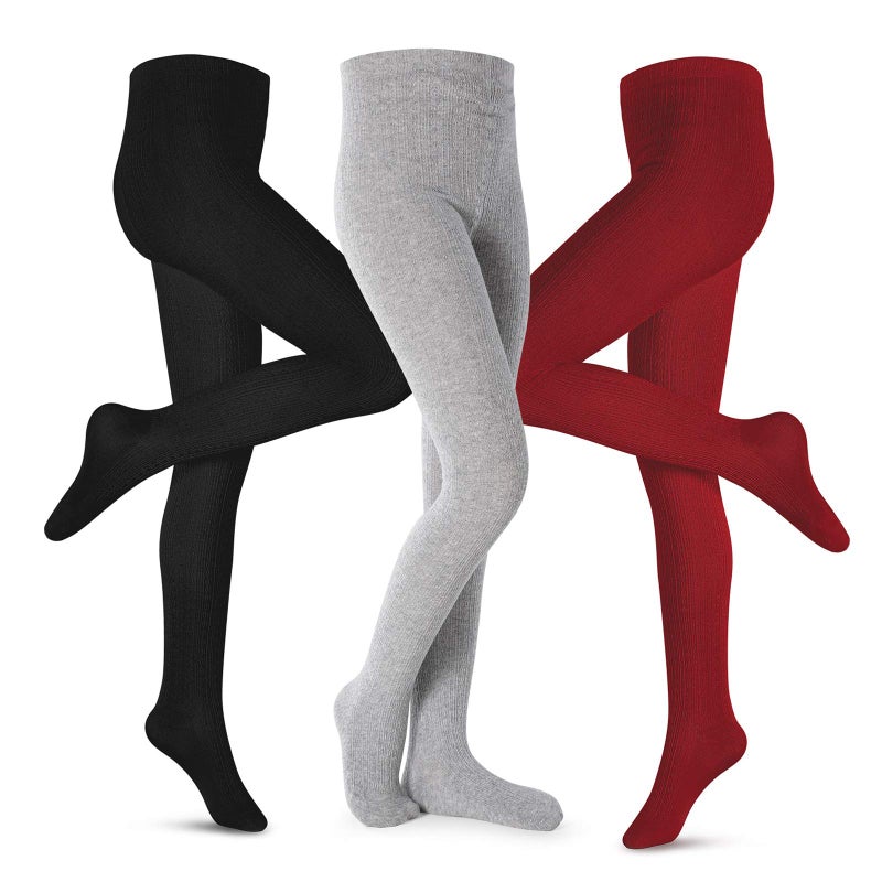 Petrass Girls Tights Toddler Cable Knit Cotton Footed Seamless Dance Ballet Baby Girls' Leggings 3 Pack Black/Grey/Red 7-8Y - Image 1